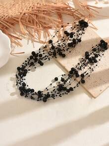 1pc Vintage Versatile Multi-Layer Black Star Beaded Necklace, Gothic Style Exaggerated Evening Party Halloween Collarbone Chain For Women - Black - View 3