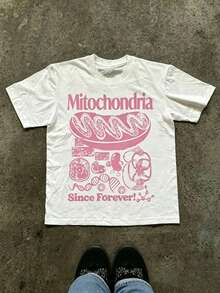 Women's Festival Tee: Mitochondria Graphic & Cell DNA Illustration, Blue Text, White Unisex Science Summer T-Shirt - 白色1 - 查看 1