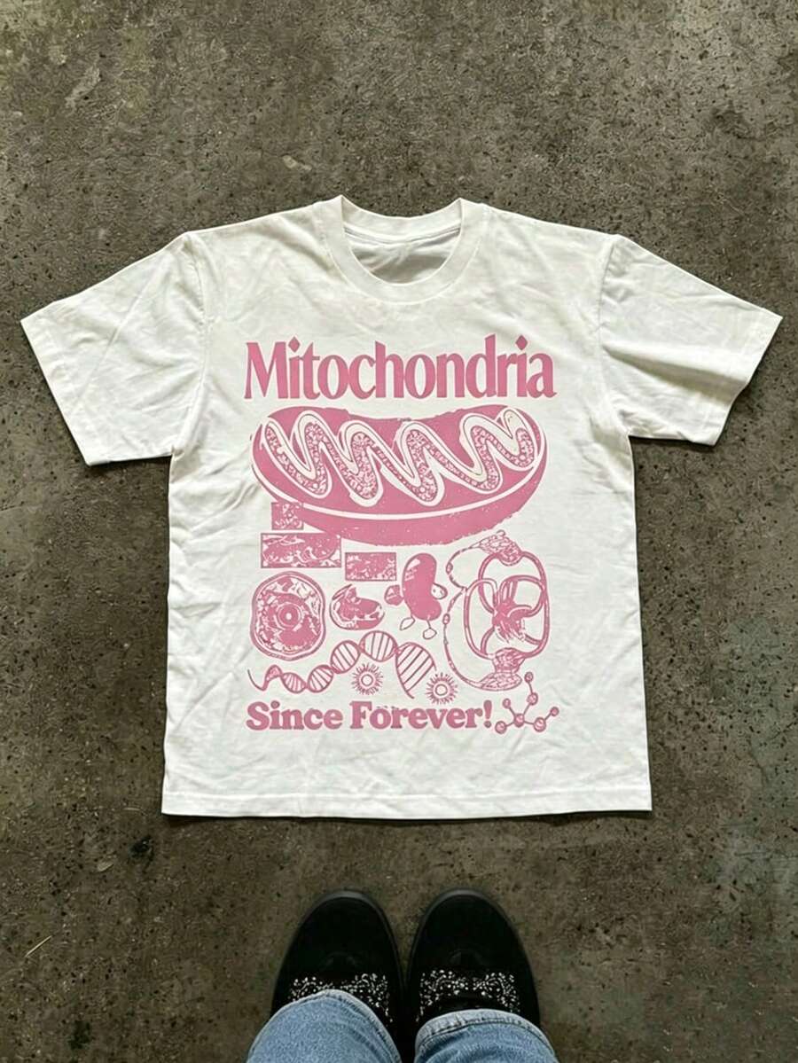 Women's Festival Tee: Mitochondria Graphic & Cell DNA Illustration, Blue Text, White Unisex Science Summer T-Shirt - 白色1 - 查看 1