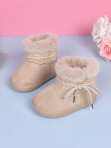 1 Pair Girls' Lace Bow Snow Boots, Thermal Lined, Thick Fur Trim, Soft Sole, Anti-Slip, Autumn/Winter - Beige - View 1