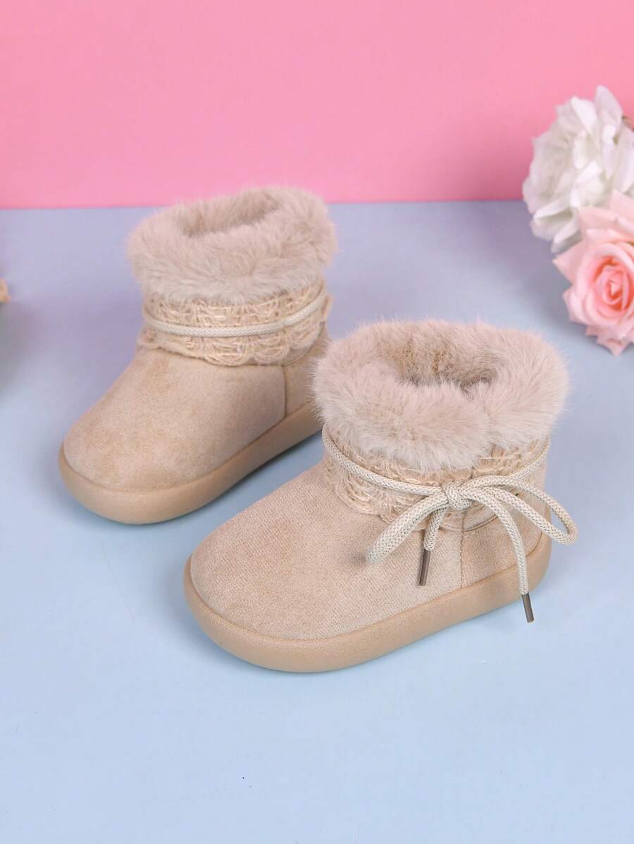 1 Pair Girls' Lace Bow Snow Boots, Thermal Lined, Thick Fur Trim, Soft Sole, Anti-Slip, Autumn/Winter - Beige - View 1
