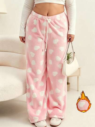 Pantalones de pierna ancha con cordón y patrón de corazón de franela gruesa para mujer talla grande, aptos para otoño/invierno, adecuados para uso al aire libre, deportes, casual, descanso y ropa de dormir
