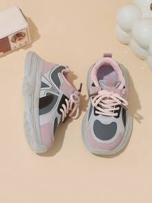Girls' Light Gray, Pink & Brown Colorblock Magic Tape Lace-Up Chunky Sneakers, Simple Patchwork Kids' Shoes, Suitable For All-Season Outings And Daily Wear - Pink - View 5