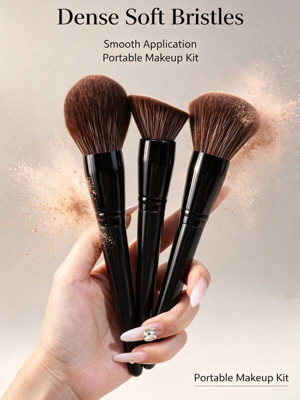 3pcs Large Makeup Brush Set, Soft Fluffy Fiber Bristles With Black Handle, Suitable For Loose Powder, Blush, Contour, Highlighter, Daily Makeup Tool