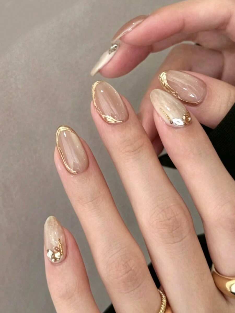 30pcs Oval/Noble Luxury Gold-Edged Nail Stickers, With Rhinestone Short Pointed Tips, Perfectly Fitting Acrylic False Nail Set, Includes 1pc Jelly Glue And 1pc Nail File, Suitable For Women's Daily Work, Study And Party Wear In Autumn/Winter - Multicolor - View 1