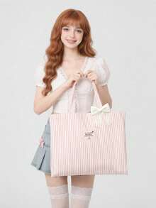 Vintage Striped Canvas Tote Bag, Large Capacity Versatile Striped Shoulder Bag, Suitable For Women's Daily Outings, Shopping And Beach Vacation - Multicolor - View 9