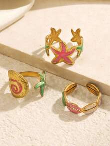 3pcs Stainless Steel 18K Gold Plated Summer Vacation Casual Style Colorful Starfish Shell Ring Set Suitable For Women Daily, Holiday, Vacation, Date Wear - Multicolor - View 4