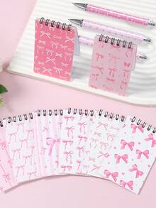 1/4/8pcs White And Pink Bow Notebook & Diary Set, Cute Bow Pocket Notebook (10cm) And Pen (14cm) Set, Bow Theme Party Gift, Birth, First Day Of School - Pink - View 4