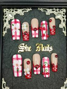DIY Y2K 10pcs Floral Nail Stickers Long Square Handmade Acrylic Press-On Nails, French Edge Hand-Painted 3D Circle Flower Metallic Gold Wavy Design, Suitable For Party/Holiday, For Women, Includes Gel Stickers And Nail File - Red and White - View 2