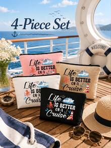 4pcs Cruise Theme Travel Makeup Gift Bag Set, Cosmetic Bag, Toiletry Bag, Makeup Zipper Pouch, Women's Makeup Brush Storage Bag - Multicolor - View 8