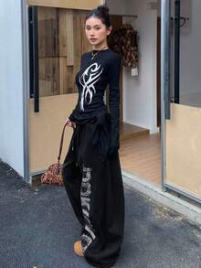 American Style Letter Print Casual Loose Wide Leg Drapey Lazy Drawstring Long Pants - Black - View 4