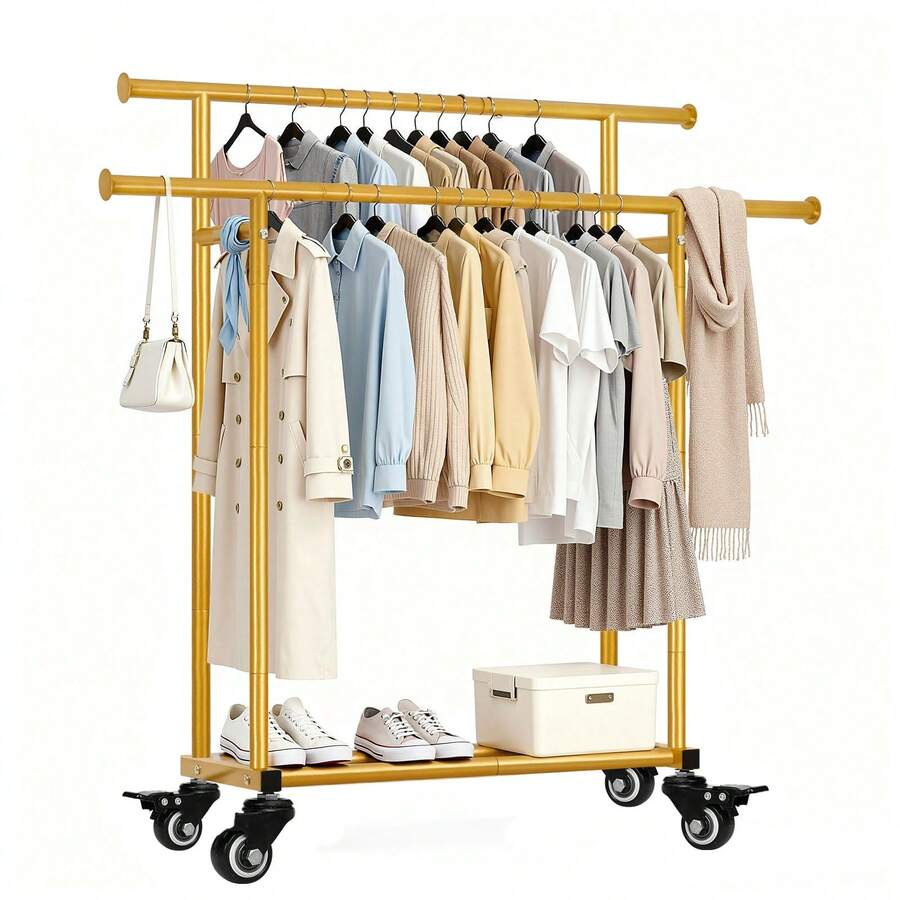 EDIMENS Sturdy Clothes Rack With Shelf, Freestanding Metal Garment Rail, Double-Bar For Space-Saving Storage Of Clothing, Shoes, Hats, And Accessories - Emas - View 1