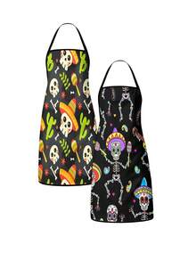 4Pcs/1pcDay Of The Dead Print Apron, Sugar Skull Skeleton Pattern Kitchen Apron For Cooking Baking Halloween PartySkeleton Apron For Halloween, White Human Skeleton Bones Print Black Kitchen Apron - Multicolor - View 13