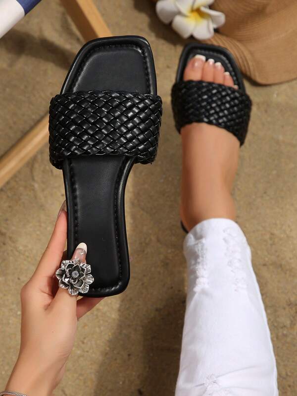 Women's Summer Woven Slip-On Slides, Black Flat Square Toe Vacation Style, Lightweight For Indoor Wear