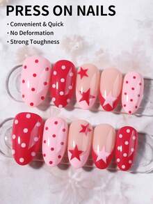 30pcs Short Almond Shape Simple Polka Dot Fake Nails Short Oval Nail Tips Manicure Set, Includes 1pc Double-Sided Adhesive And 1pc Nail File, Suitable For Daily Wear, Summer Nails - Multicolor - View 3