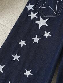 Tween Girl Blue Denim Jeans Fashion Casual Street Style Letter & Star Embroidered Loose Wide Leg Pants - Blue - View 8