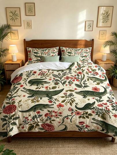 3pcs American Vintage Florida Alligator & Floral Print Polyester Duvet Cover Set (1*Duvet Cover + 2*Pillowcases, No Fill), Wetland Alligator & Pink Vine Floral Digital Print Bedding, Southern Coastal Pastoral Botanical Style, Breathable Skin-Friendly Polyester Fabric, High-Definition Digital Print Craft, Invisible Zipper & Corner Tie Design, Suitable For All Seasons, Ideal For Hotel, Bedroom, Guest Room And Dormitory Bedding Decor
