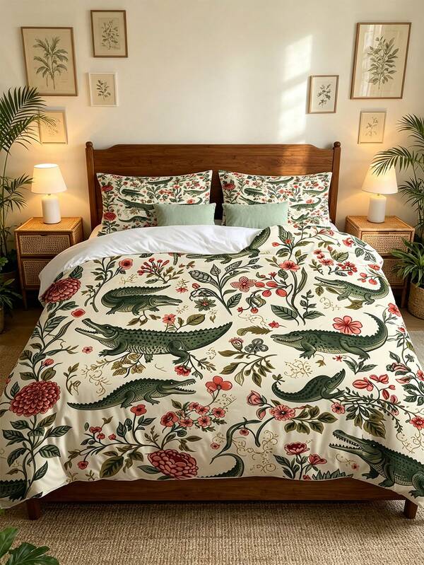 3pcs American Vintage Florida Alligator & Floral Print Polyester Duvet Cover Set (1*Duvet Cover + 2*Pillowcases, No Fill), Wetland Alligator & Pink Vine Floral Digital Print Bedding, Southern Coastal Pastoral Botanical Style, Breathable Skin-Friendly Polyester Fabric, High-Definition Digital Print Craft, Invisible Zipper & Corner Tie Design, Suitable For All Seasons, Ideal For Hotel, Bedroom, Guest Room And Dormitory Bedding Decor