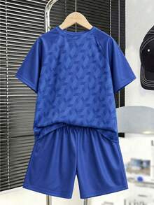 2pcs/Set Boys & Teen Boys Soccer Sports Outfit, Geometric Pattern Short Sleeve Jersey & Shorts - Blue - View 2