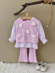 Baby Girls 2pcs Casual Set With 3D Floral Ribbed Flare Pants - Pink - View 3