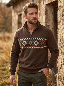 Men's Geometric Pattern Thickened Half-Zip Stand Collar Sweatshirt, Casual Long Sleeve Sweatshirt, Autumn/Winter - Multicolor - View 1