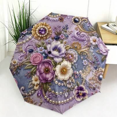 1pc Vintage Floral Folding Umbrella - Elegant Purple Floral With Pearl & Gemstone Decor Theme 2D Flat Print Folding Umbrella, Choice Of Inner Or Outer Print, Exquisite & Luxurious Vintage Pattern Blended With Soft Floral, Suitable For Daily Commute, Outdoor Outings, Home Decor And Various Occasions As A Gift Choice!