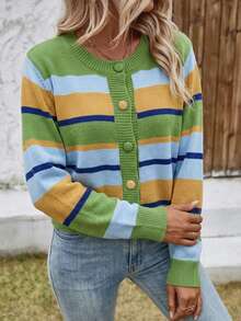 Cardigan Kancing Depan Bergaris Warna-warni Bergaya Prancis yang Elegan dan Intelektual untuk Wanita, Cocok untuk Pemakaian Sehari-hari, Kencan, dan Lainnya. - MultiWarna - View 8