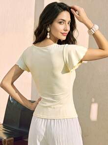 Cream Ruffle Cap Sleeve Wrap Waist Tie Top, Women Elegant Summer Round Neck Metal Buckle Self Sash Slim Fit Casual Blouse - Light Yellow - View 3