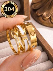 3pcs 18K Gold Plated Exquisite Luxury Sparkling Ring Set, Stainless Steel Jewelry Set, Multiple Sizes Available, Solves Your Size Anxiety, Waterproof, Wear-Resistant, Hypoallergenic, Suitable For Women's Daily Wear, Party, Gift, Vacation, Fashion Jewelry - Golden 3 - View 10