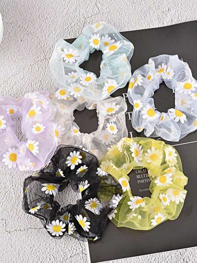 3pcs Transparent Daisy Flower Print Hair Scrunchies, Summer Cool Hair Accessories For Women