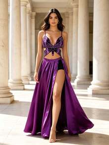 Sequin Butterfly Waist-Baring Cami Top With Glossy Slit Flare Skirt, Vacation Style Party Flowy Long Skirt Outfit Two Pieces (Multiple Colors Available) - Multicolor - View 13