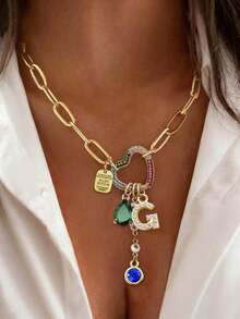 1pc Gold Letter Necklace, Luxury Heart-Shaped Lock With Lock And Green Diamond Pendant Necklace, Exquisite Holiday Party Gift For Women - Yellow Gold - View 15