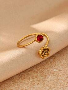 1Pc 3D Rose Inlaid Stone Rings, 18K Gold Plated Stainless Steel Adjustable Open Ring, Vintage Flower For Women Jewelry Daily Dating Gift - Yellow Gold - View 8