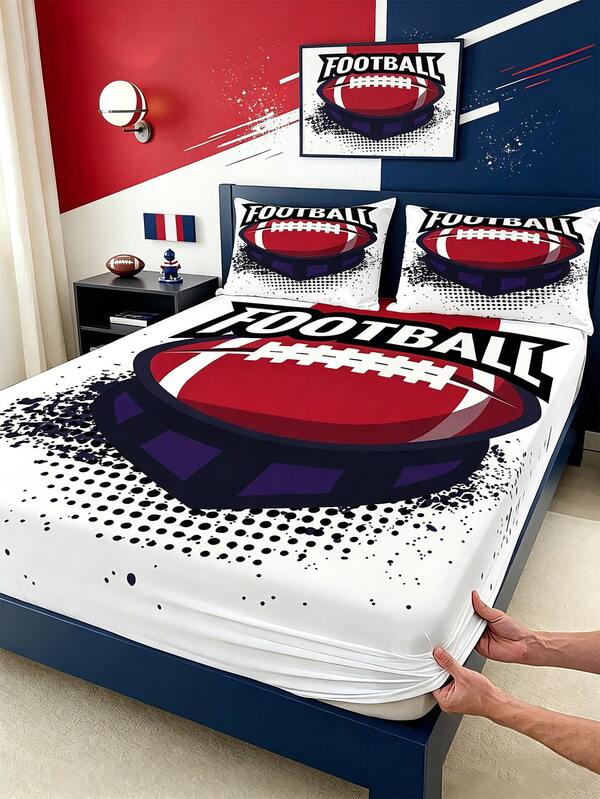 1PC Red American Football Graffiti Dot Print Fitted Sheet(Sheet Only, No Pillowcase),Elastic Deep Pocket Fitted Bedsheet For Teen Boys Youth Bedroom Decor,Single Twin Full Queen Size Sports Bedding Protector