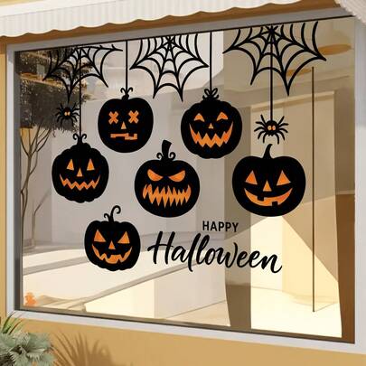 1PC Halloween Ghost Pumpkin Window Sticker, Pumpkin Silhouette And Spider Web Glass Decal, Halloween Holiday Decoration Window Sticker, PVC Static Cling Sticker, Home Decor Holiday Party Arrangement Window Sticker