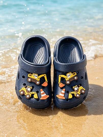 Kids Boys' Cartoon Construction Vehicle Pattern Black Garden Clogs, Breathable Cutout Design Thick Platform Height-Lift Beach Slippers For Summer