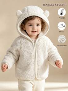 1pc Toddler Cute Casual Sporty Fashion Ear Decor Warm Cold-Proof Hooded Long Sleeve Open Front Jacket Coat Autumn/Winter - White - View 1