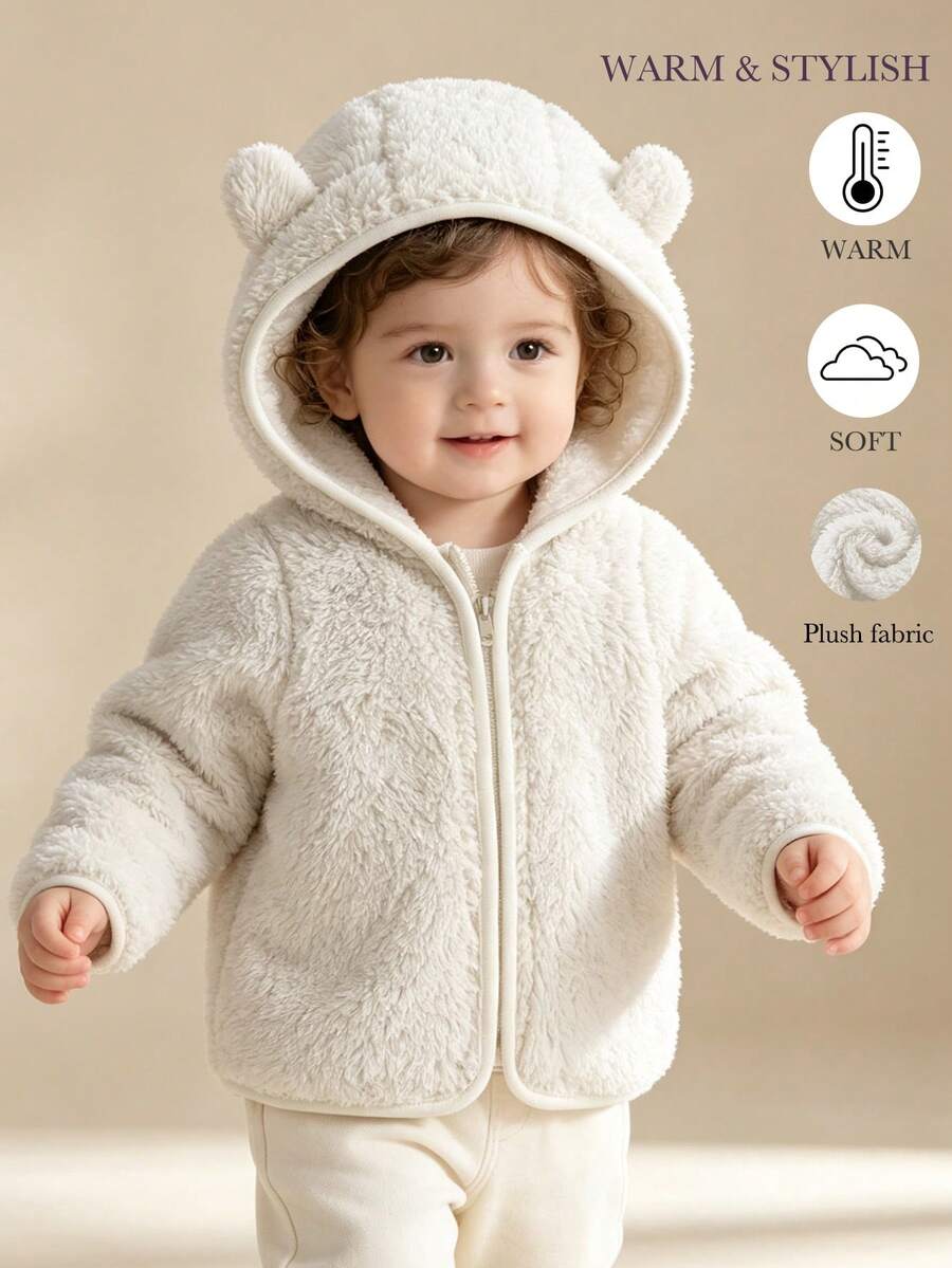1pc Toddler Cute Casual Sporty Fashion Ear Decor Warm Cold-Proof Hooded Long Sleeve Open Front Jacket Coat Autumn/Winter - White - View 1