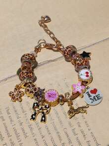 1pc Leopard Print Cherry Blossom Bow Polka Dot Charm Bracelet, Love Yourself Slogan Bracelet, Leopard Heart Music Festival Bracelet - Gold - View 3