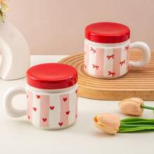 1pc 340ml/11.5oz Fashionable Pink Vertical Striped Ceramic Tea Cup With Lid And Filter, Cute Princess Style Red Heart Bow Print Porcelain Tea Infuser Mug, Suitable For Loose Leaf Tea, Coffee, Milk, Sweet Romantic Anniversary Birthday Gift Cup - Multicolor - View 2
