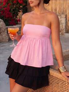 Women Summer Babydoll Tube Top Y2k Solid Color Strapless Off The Shoulder Loose Fit Flowy Bandeau Crop Tops Backless Sleeveless Going Out Vest Shirt - 粉色 - 查看 4