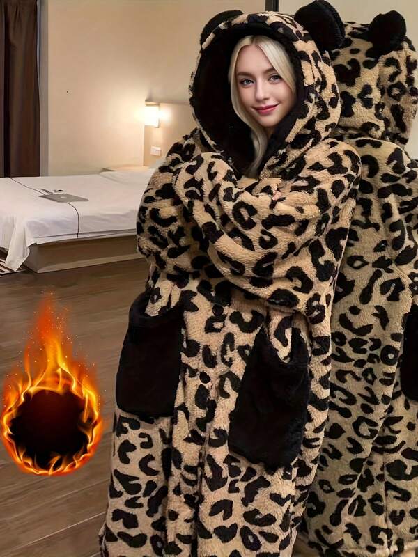 1pc Autumn/Winter Coral Fleece Bathrobe, Pink Hooded Long Sleeve Sleepwear, Unisex Soft Warm Flannel Nightgown, Comfortable Plus Size With Sleeves Blanket Robe, Machine Washable, Adult Loungewear, Suitable For Hotel, Home, Halloween And Christmas Gifts