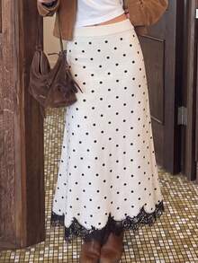Women's Polka Dot Pattern Contrast Lace Elegant Knitted Midi Skirt - White - View 4