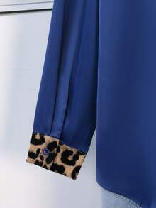 Women's Autumn Patchwork Leopard Print Satin Blouse - Navy Blue - View 6