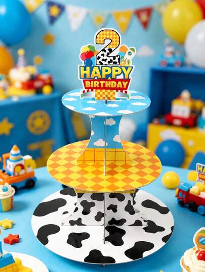 1 Set 2nd Birthday Cupcake Stand, 3-Tier Cow Print Yellow Plaid Sky Cloud Cardboard Dessert Stand, Boy 2nd Birthday Party Decoration, Birthday Cake Stand, Birthday Party Table Centerpiece, Baby Shower Decoration, Birthday Party Supplies, Home Decor, Table Decor, Indoor/Outdoor Decoration, Party Gift