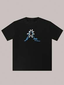 Cotton T-Shirt With Unique Teardrop Print - Casual, Breathable &Amp; Machine Washable For Summer - 黑色 - 查看 1
