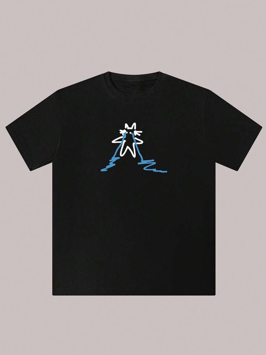 Cotton T-Shirt With Unique Teardrop Print - Casual, Breathable &Amp; Machine Washable For Summer - 黑色 - 查看 1