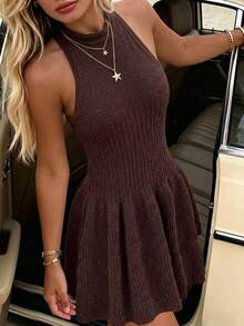 Women's Fall Winter Dark Brown Sleeveless Mock Neck Knit Mini Dress Fit & Flare Slim Fit Elegant Sexy Party Date Night Going Out Casual Wear Summer - Brown - View 5