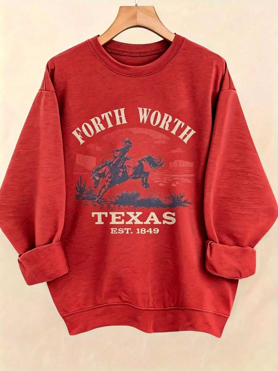 Women's Western Style Fort WorthTexasEST1849CowboyPatternHoodieSoftCrewNeckPulloverWith Cactus And Longhorn DesignComfortableCasualLongSleeve Sweater - 紅色 - 查看 1
