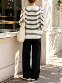 Ins Style Autumn/Winter Retro Classic Black & White Ribbed V-Neck Long Sleeve T-Shirt And Black High-Waisted Draped Ribbed Wide Leg Pants Set - Multicolor - View 4